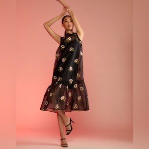 Cynthia Rowley Organza  Black Multi Midi Dress